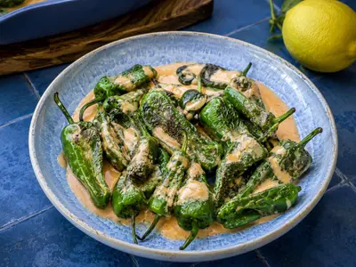 Blistered Pimientos de Padrón with Zesty Tomato Dressing: European recipe by Ivana Sanshia