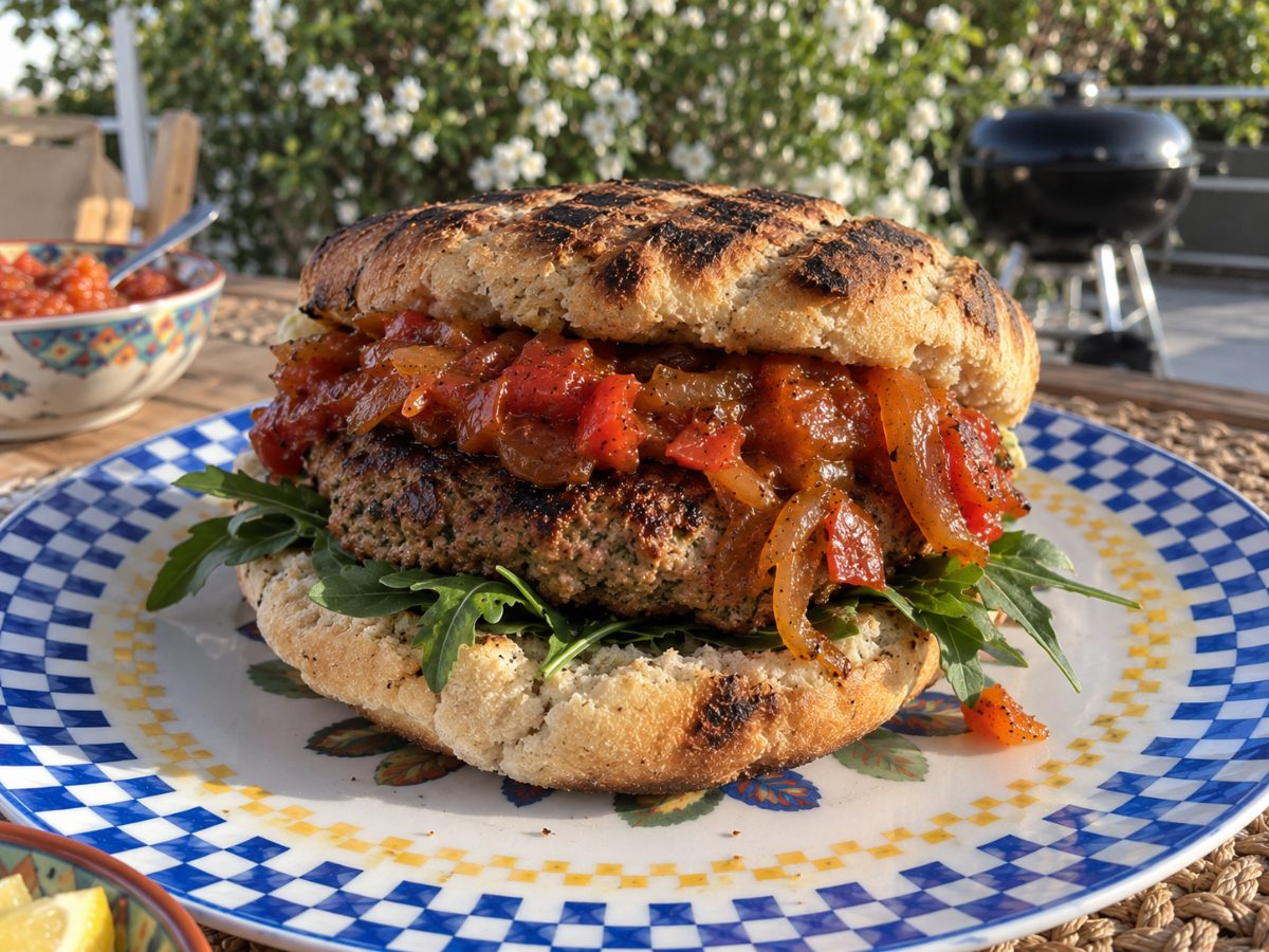 Spicy Mutton Kebab Roosterkoek with Caramelised Onion-Tomato Relish, a South African recipe